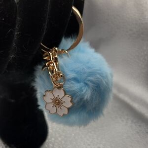 Blue Fur Pom Pom Keychain with Flower Charm